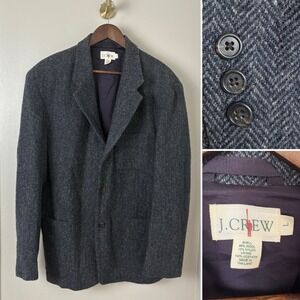 J Crew Oarsman VTG Tweed Blazer Blue Men's L Wool Herringbone Three Button USA